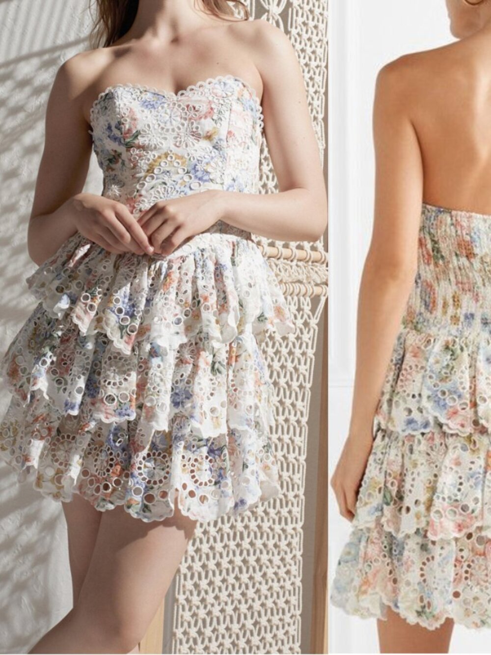 Zimmermann Bowie Ruffle Mini Dress Strapless Floral Linen Broderie Anglaise